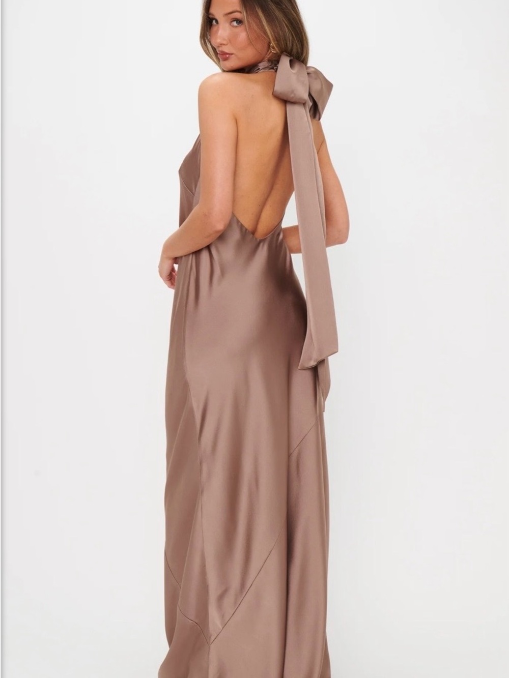 Show Me Your MuMu Taupe Satin Backless Halter Maxi Dress with Neck Bow